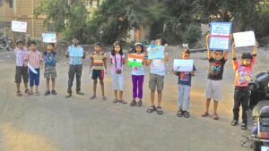 Kids with their drawing on Swachh Bharat
